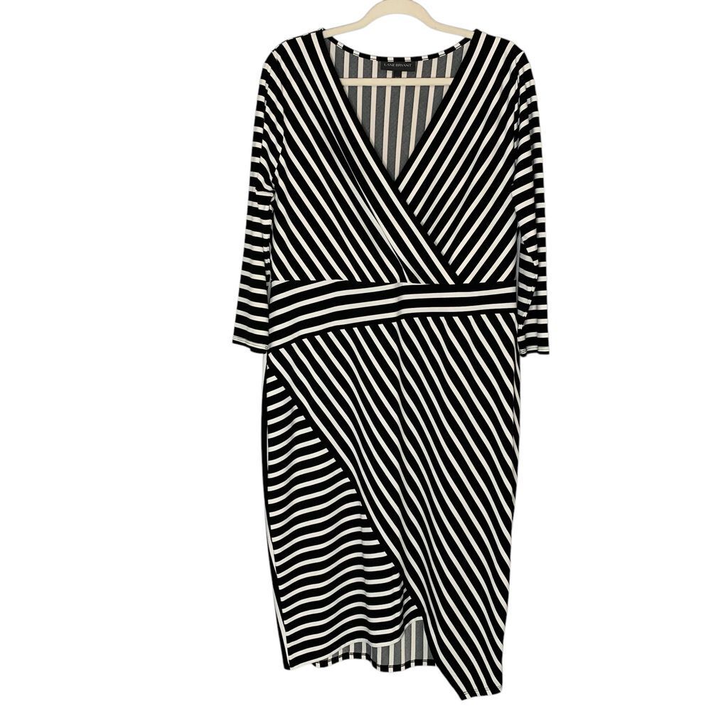 Lane Bryant black and white striped faux‎ wrap asymmetric dress. Size 14/16